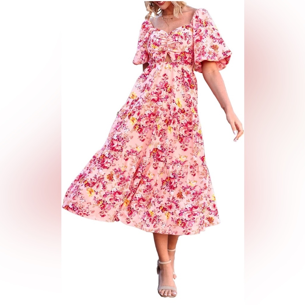 Puff Sleeve Dress Floral pink maternity